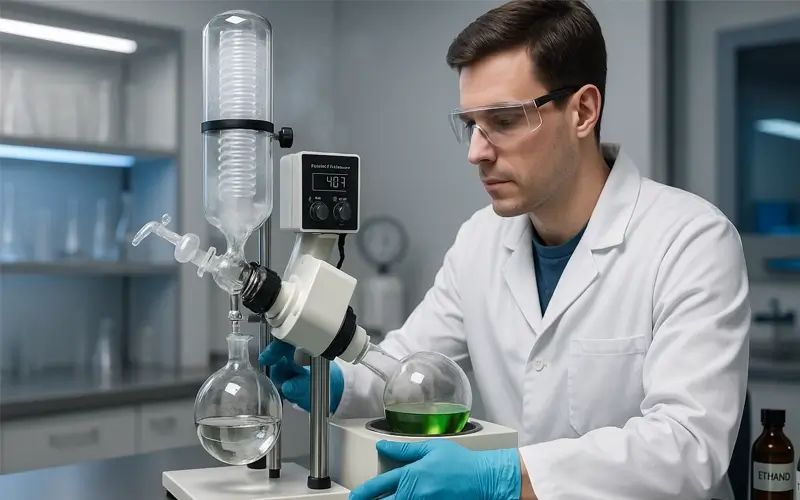 Rotary Evaporator Safety lab technician wearing safety goggles and gloves using a rotary evaporator