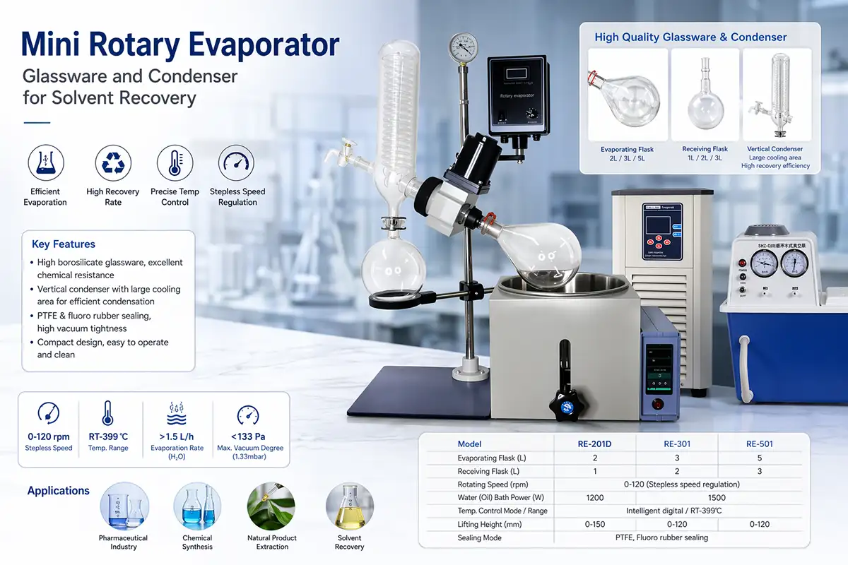 Mini rotary evaporator glassware and condenser for solvent recovery undefined