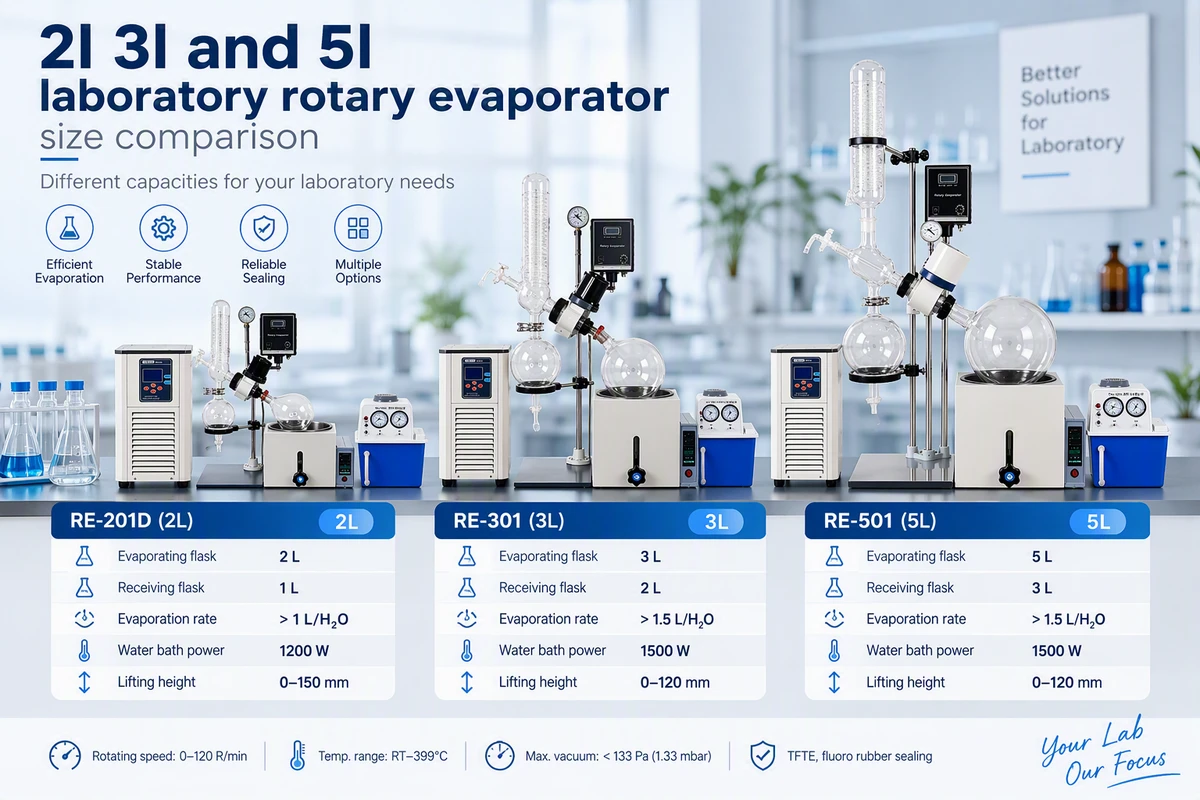 Small laboratory rotary evaporator size comparison 2L 3L and 5L laboratory rotary evaporator size comparison