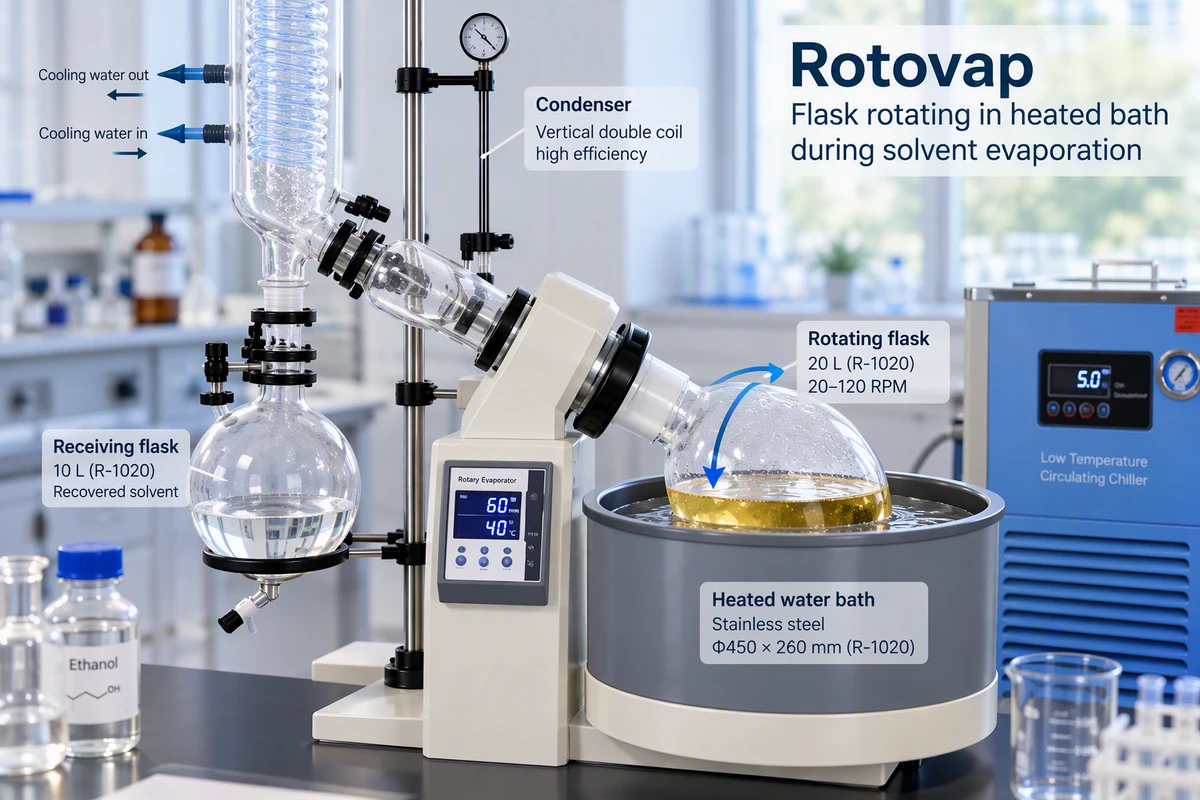 rotovap flask rotating in heated bath during solvent evaporation