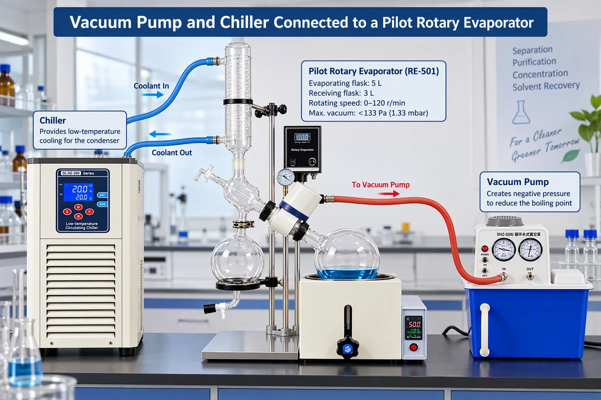Complete pilot plant solvent recovery system vacuum pump and chiller connected to a pilot rotary evaporator